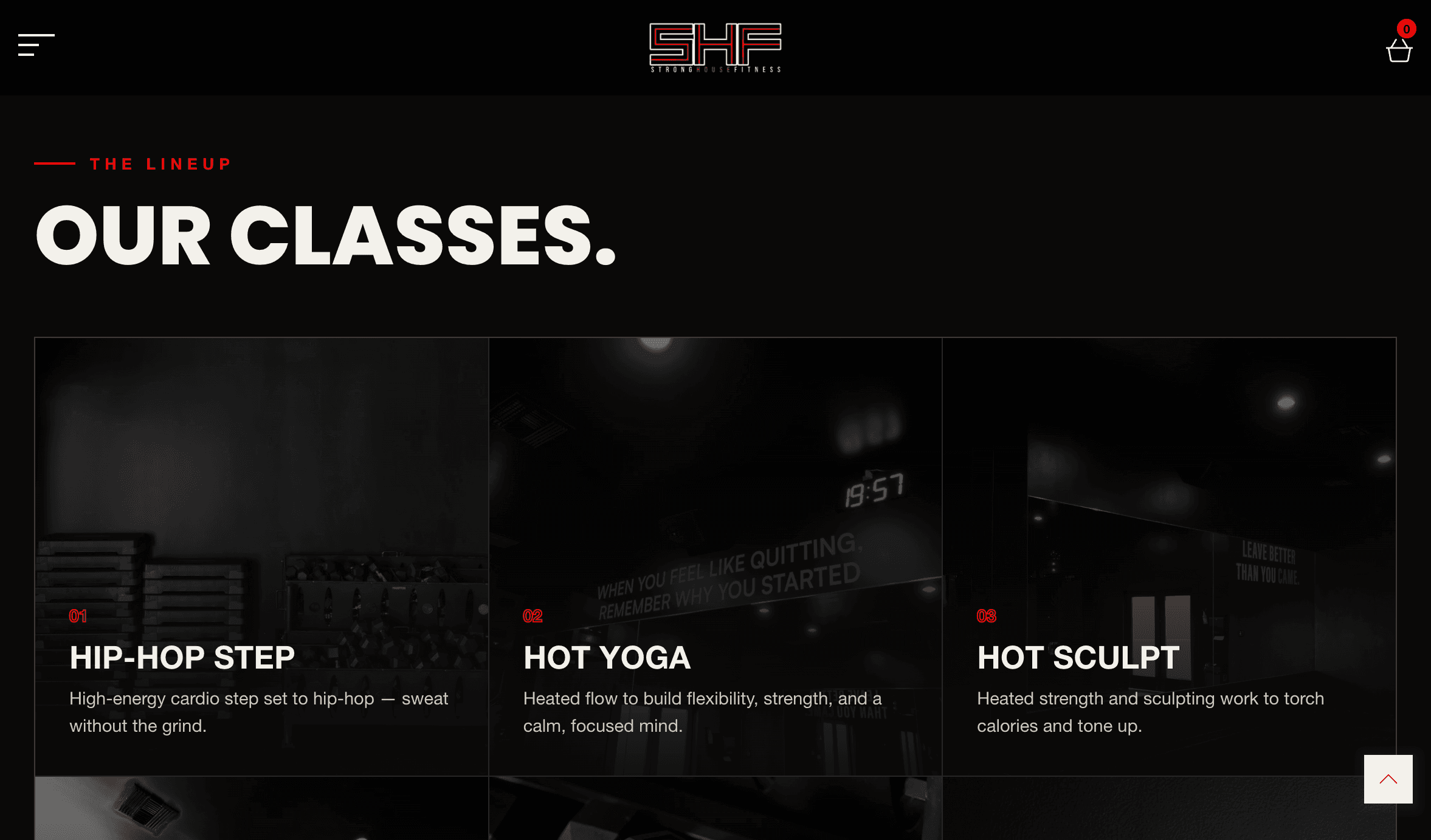 Strong House Fitness classes page presenting the studio program.