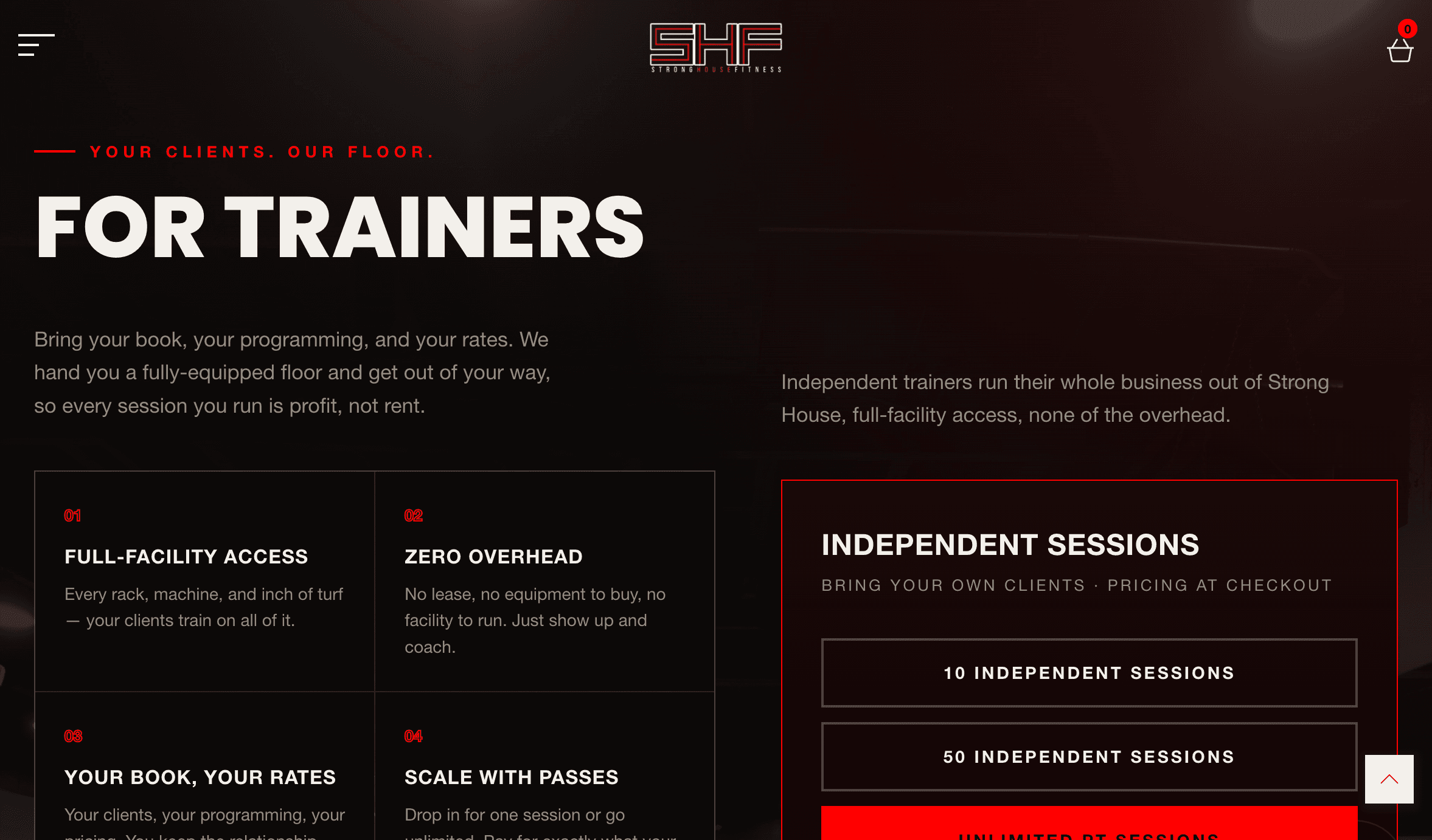 Strong House Fitness independent trainer page with facility access information and session packages.